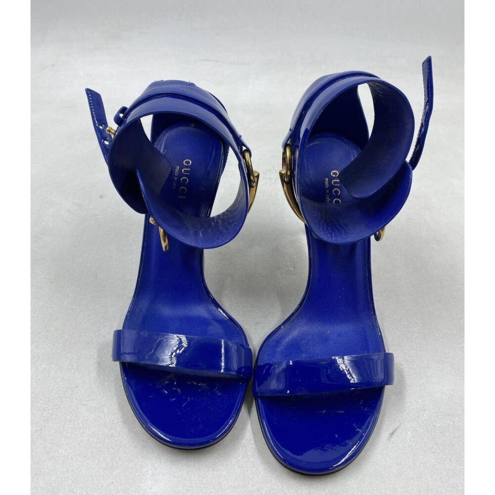 Gucci "Ursula" Interlocking G Blue Patent Leather Buckle Sandal Heel W 5.5 C.O.A